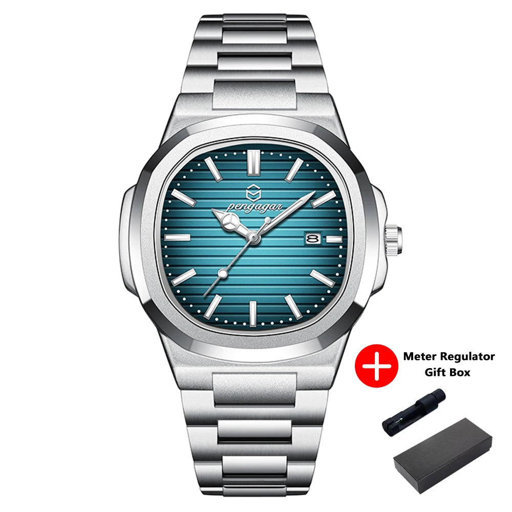 PENGAGAR Luxury Square Fashion Man Wristwatch Waterproof Luminous Date Week Quartz Men's Watches Stainless Steel Men Watch Reloj