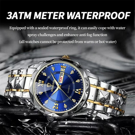 BINBOND Fashion New Men Business Watch Leisure Quartz Stainless Steel Buckle Watches Waterproof Luminous Calendar Men's Watches
