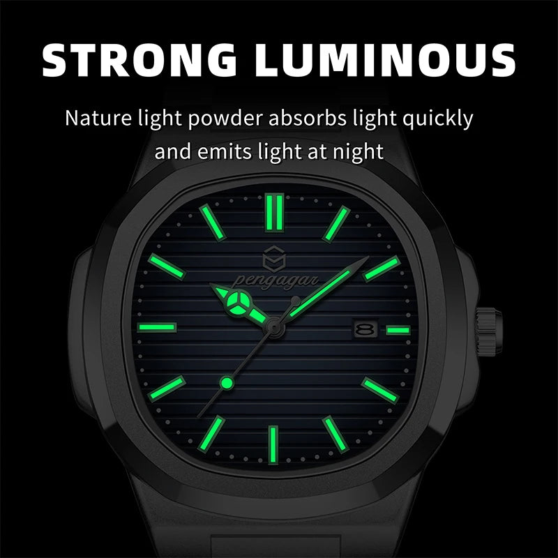PENGAGAR Luxury Square Fashion Man Wristwatch Waterproof Luminous Date Week Quartz Men's Watches Stainless Steel Men Watch Reloj