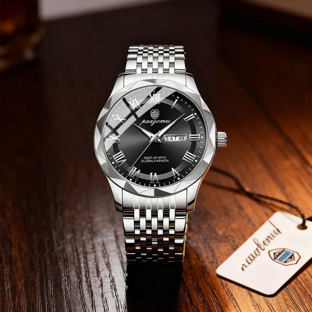 PAAZOMU Military Watch For Men Waterproof Luxury Week Calendar Man Wristwatch Quartz Stainless Steel Fashion Men's Watches Male