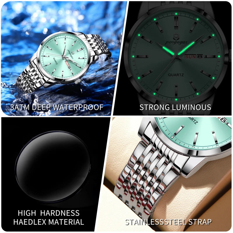 PENGAGAR  Top Luxury Man Watch Waterproof Luminous Date Men Watch Stainless Steel Male Clock Sport Fashion Men's Quartz Watches