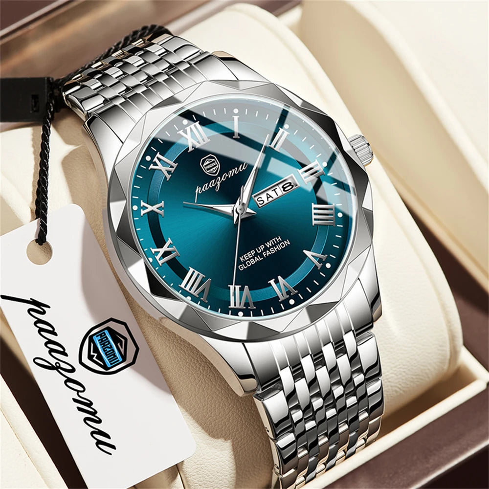 PAAZOMU Luxury Brand Men's Quartz Wristwatch Stainless Steel Waterproof Luminous Date Man Clock Square Business Watches For Men