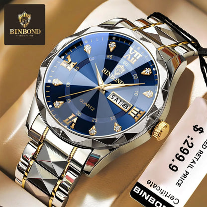 BINBOND Fashion New Men Business Watch Leisure Quartz Stainless Steel Buckle Watches Waterproof Luminous Calendar Men's Watches