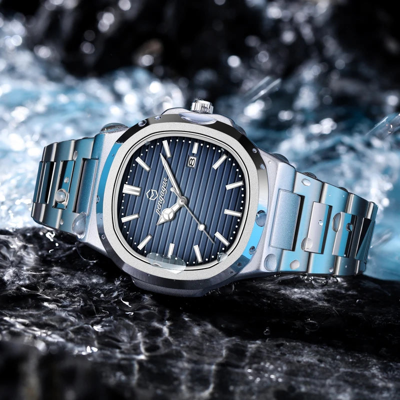 PENGAGAR Luxury Square Fashion Man Wristwatch Waterproof Luminous Date Week Quartz Men's Watches Stainless Steel Men Watch Reloj