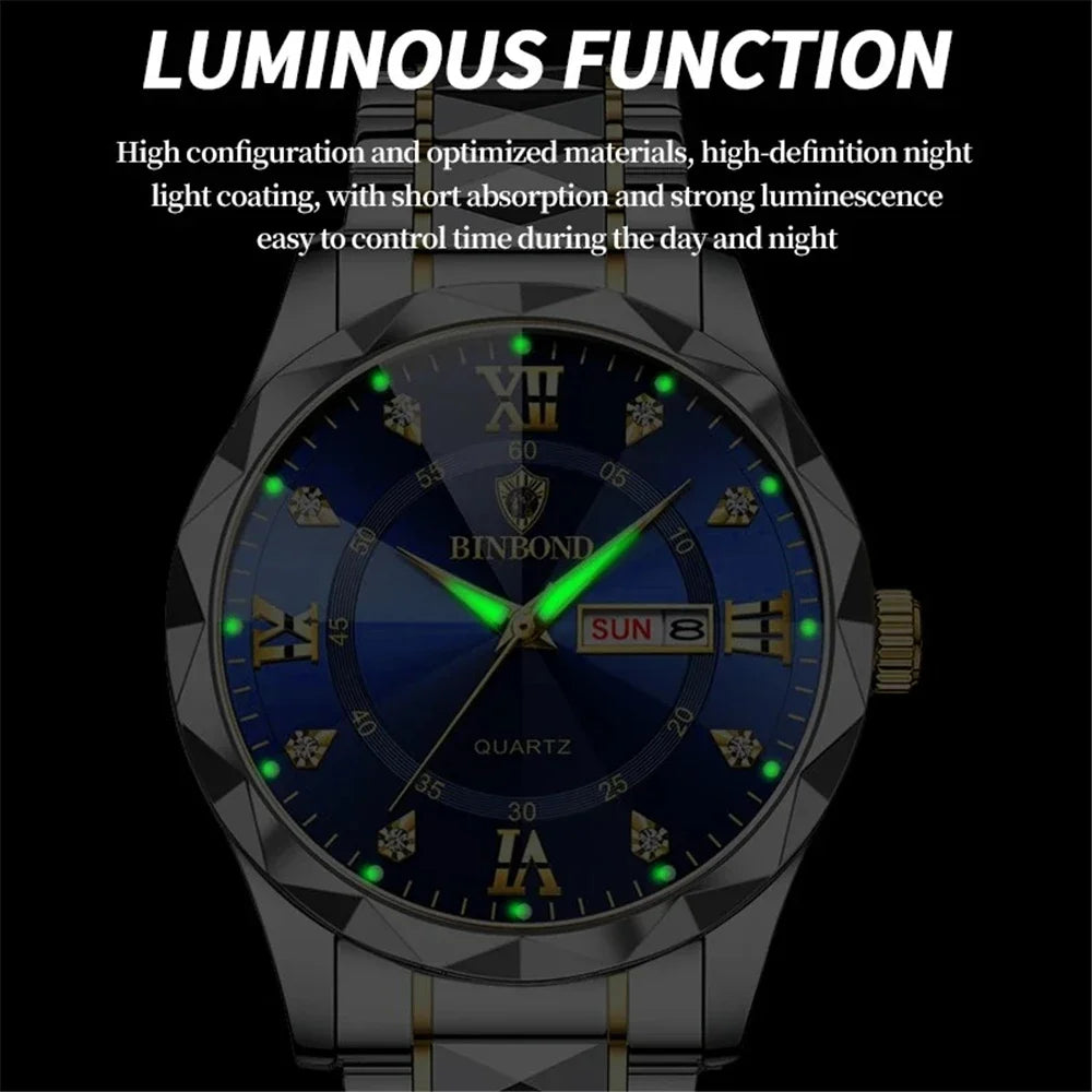 BINBOND Fashion New Men Business Watch Leisure Quartz Stainless Steel Buckle Watches Waterproof Luminous Calendar Men's Watches
