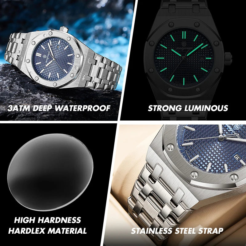 PAAZOMU Luxury Watches For Men Stainless Steel Waterproof Luminous Man Watch Date Week Fashion Casual Men's Quartz Watch Reloj