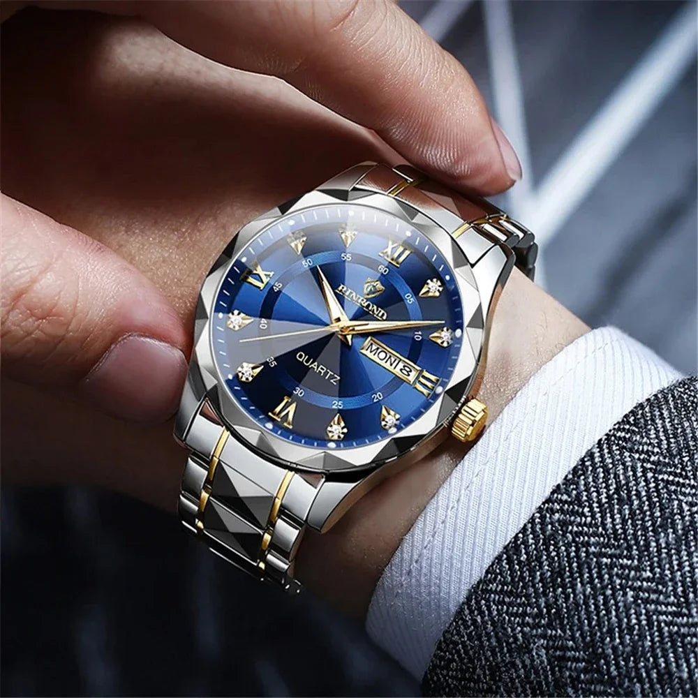BINBOND Fashion New Men Business Watch Leisure Quartz Stainless Steel Buckle Watches Waterproof Luminous Calendar Men's Watches