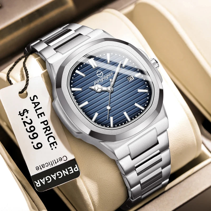 PENGAGAR Luxury Square Fashion Man Wristwatch Waterproof Luminous Date Week Quartz Men's Watches Stainless Steel Men Watch Reloj