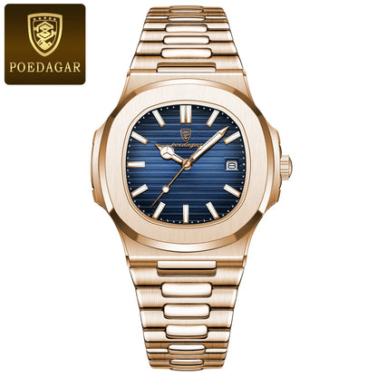 POEDAGAR Luxury Watch Business 50 ATM Waterproof Male Clock Luminous Date Stainless Steel Square Quartz Men Watches reloj hombre