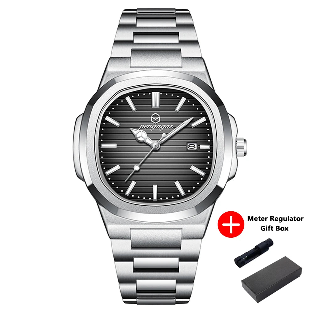 PENGAGAR Luxury Square Fashion Man Wristwatch Waterproof Luminous Date Week Quartz Men's Watches Stainless Steel Men Watch Reloj