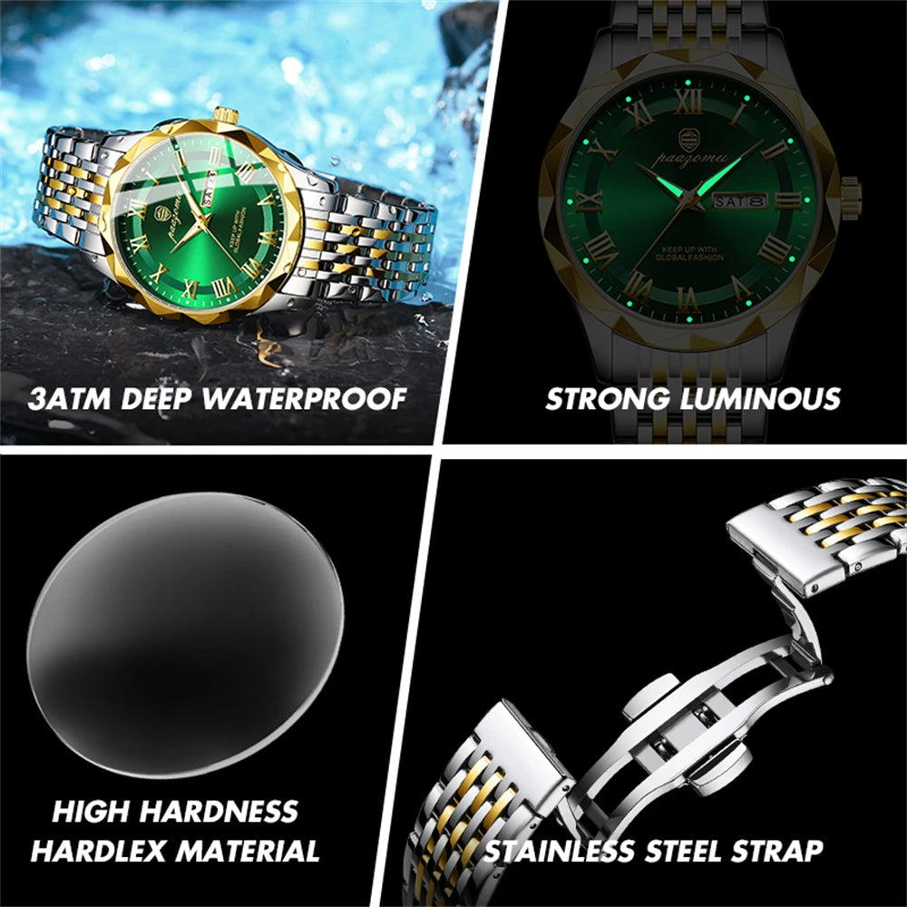 PAAZOMU Luxury Square Man Quartz Watch Waterproof Luminous Date Men's Watch High Quality Stainless Steel Business Men Watches