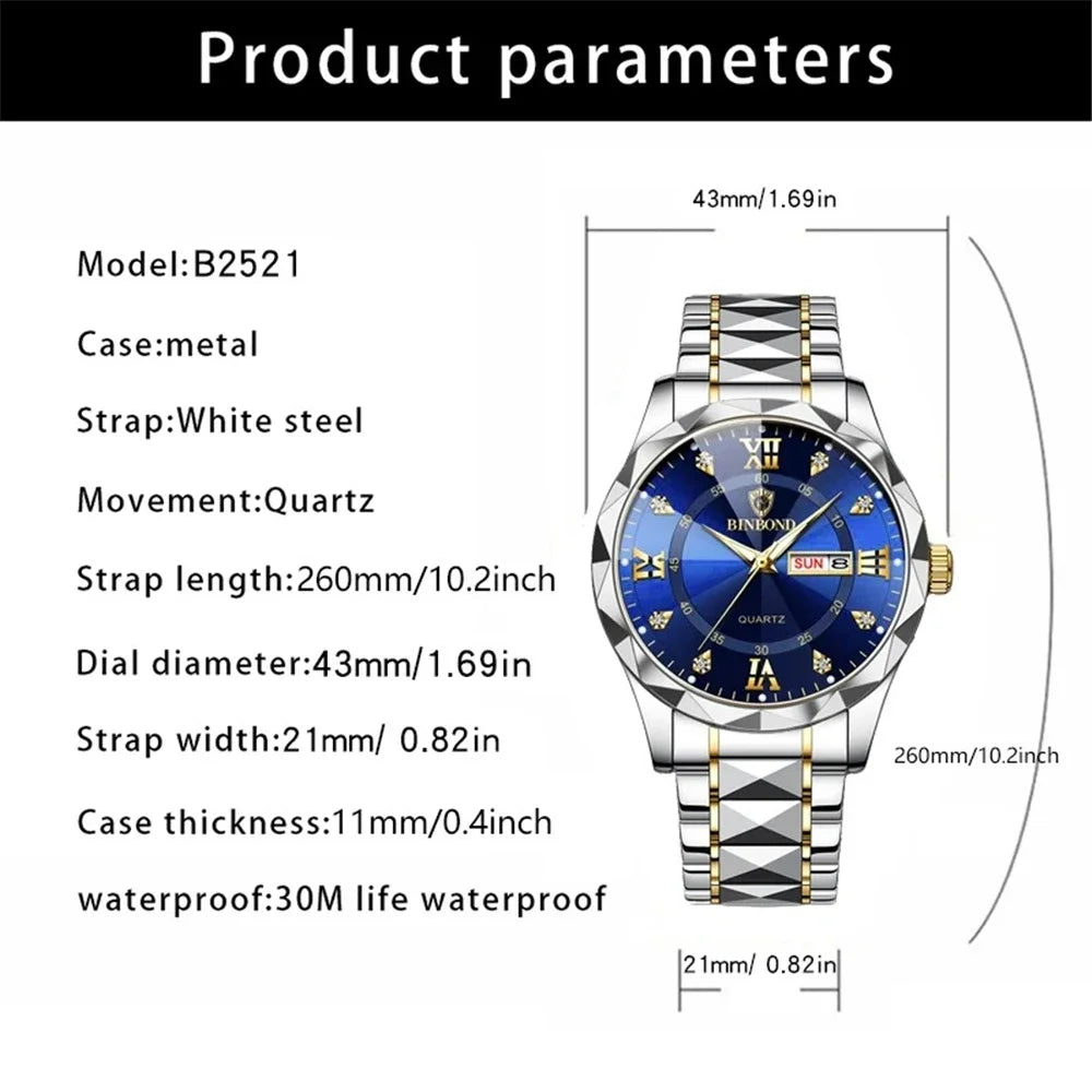BINBOND Fashion New Men Business Watch Leisure Quartz Stainless Steel Buckle Watches Waterproof Luminous Calendar Men's Watches