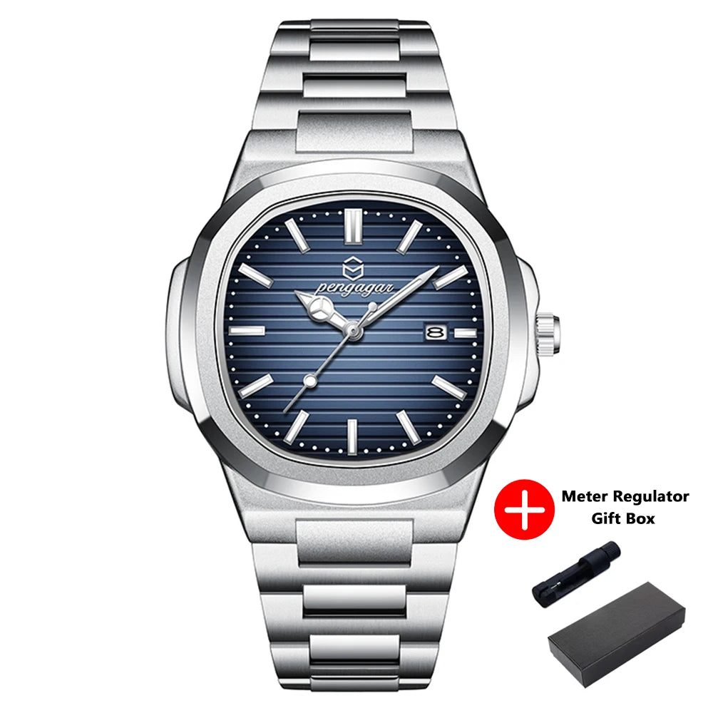 PENGAGAR Luxury Square Fashion Man Wristwatch Waterproof Luminous Date Week Quartz Men's Watches Stainless Steel Men Watch Reloj