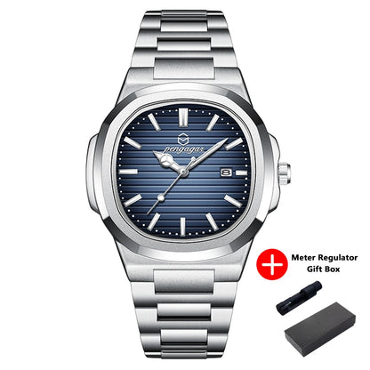 PENGAGAR Luxury Square Fashion Man Wristwatch Waterproof Luminous Date Week Quartz Men's Watches Stainless Steel Men Watch Reloj