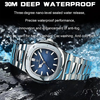 POEDAGAR Luxury Watch Business 50 ATM Waterproof Male Clock Luminous Date Stainless Steel Square Quartz Men Watches reloj hombre